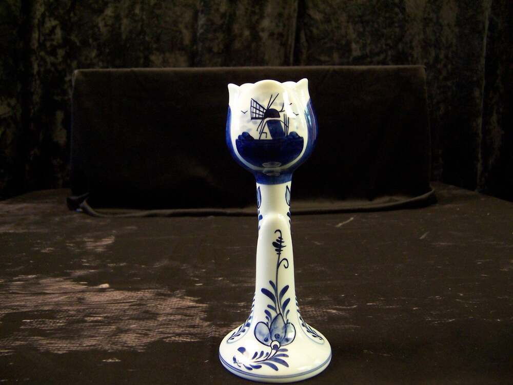 Vintage Delft Blue Hand Painted Tulip Candlestick Windmill Holland Ceramic 548